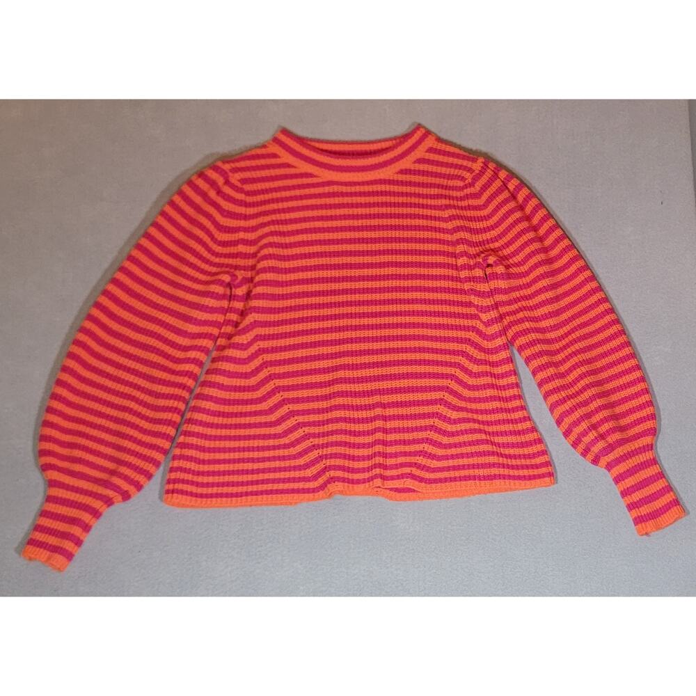 Fever Pink Orange Striped Ribbed Knit Crew Neck Sweater Medium